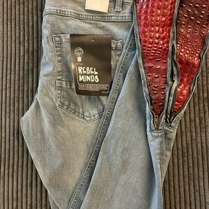 Rebel Minds Blue Jeans with Red Crocodile Print Lining